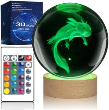 Large 3D Axolotl Crystal Ball Night Light, Axolotl Lamp 16 Color Changing with Remote Control for Bedroom Decor, Cool Desk Decor Gift for Teens Boys and Girls and Fans, Axolotl