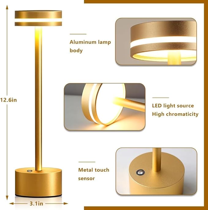 Cordless Metal Desk Lamp,Portable LED Table Lamp with Touch Sensor,3 Color Rechargeable Lamp,3-Levels Brightness Lamp,Night Light for Kids Nursery,Bedside Lamp,Dining Room Lamp (Gold)