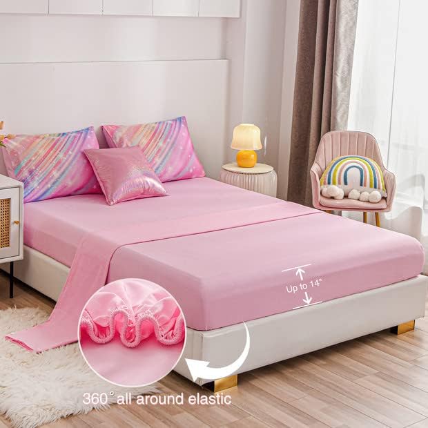 Btargot Super Soft 6 Pieces Gradient Star Ring Comforter Set, Colorful Glitter Rainbow Star Pattern Bedding Set for Boys Girls Teens,Queen Pink