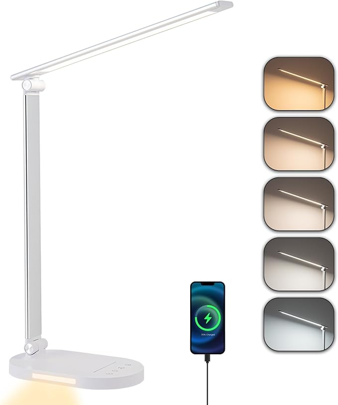 LED Desk Lamp for Home Office, Dimmable Table Lamp with USB Charging Port, 5 Lighting Modes, Sensitive Control, 60 Minutes Auto-Off Timer, Eye-Caring Office Lamp(White)