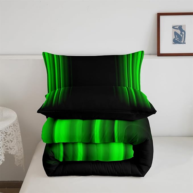 Feelyou Geometric Abstract Ombre Bedding Bed Set Men Adults Teens Green and Black Striped Comforter Set Kids Boys Girls Simple Modern Comforter Inner Fill Bedroom Collection 3Pcs Queen Size