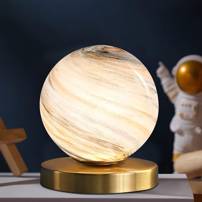 Bedside Table Lamp Gold Desk Lamp Reading Lamp with Handblown Glass Globe Shade, Plug in Table Desk Lamp for Bedroom Office Library Study Room (Moon Shade)