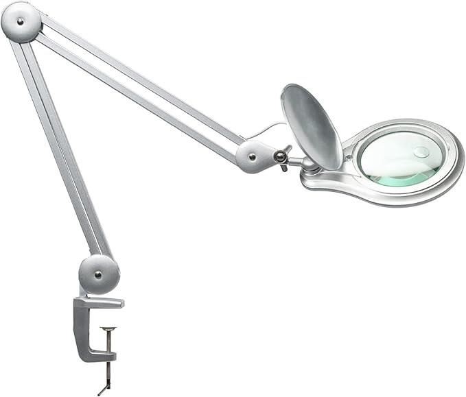 Bifocals LED Magnifying Lamp with Clamp, 5 Diopter with 20 Diopter, 5 Inch Magnifier Glass Lens, 1200 Lumens Dimmable Magnifier Lamp for Desk Craft Hobby with 60PCS Bright LEDs