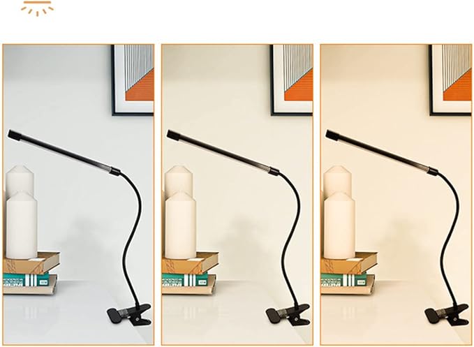 Meichoon Desk Lamp with Clamp Desktop Clip-On LED Illuminating Light Flexible Metal Hose Eye-Caring Table Lamp for Bedroom Bedside Office Study Work Reading Embroidery UK10 Black