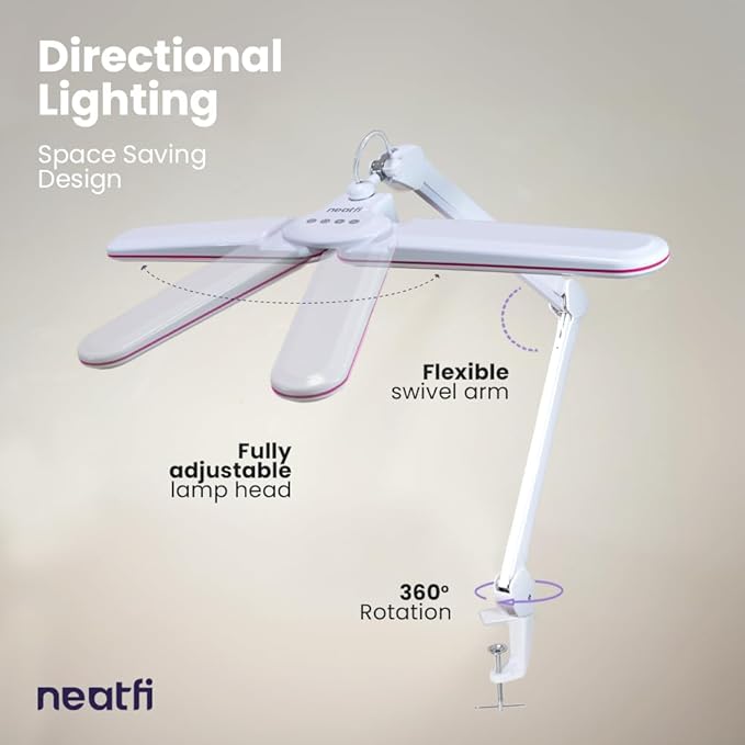 Neatfi Elite HD XL Task Lamp, 3 Light Modes, 90PCS SMD LED, Super Bright Desk Lamp, Eye-Caring LED Lamp, Non-Polar Dimming, Adjustable Brightness Levels (CCT with Clamp, Pink Ring, 17 Inches)