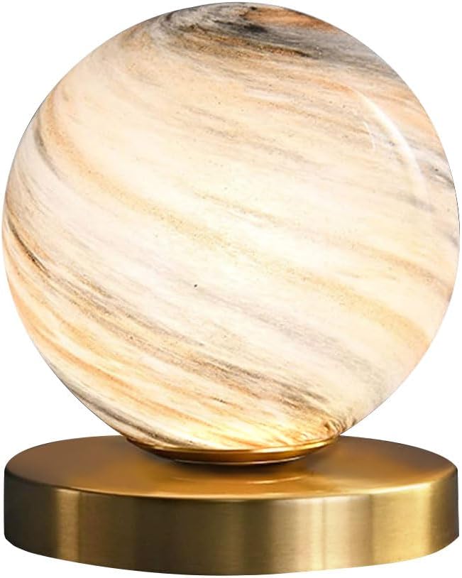 Bedside Table Lamp Gold Desk Lamp Reading Lamp with Handblown Glass Globe Shade, Plug in Table Desk Lamp for Bedroom Office Library Study Room (Moon Shade)