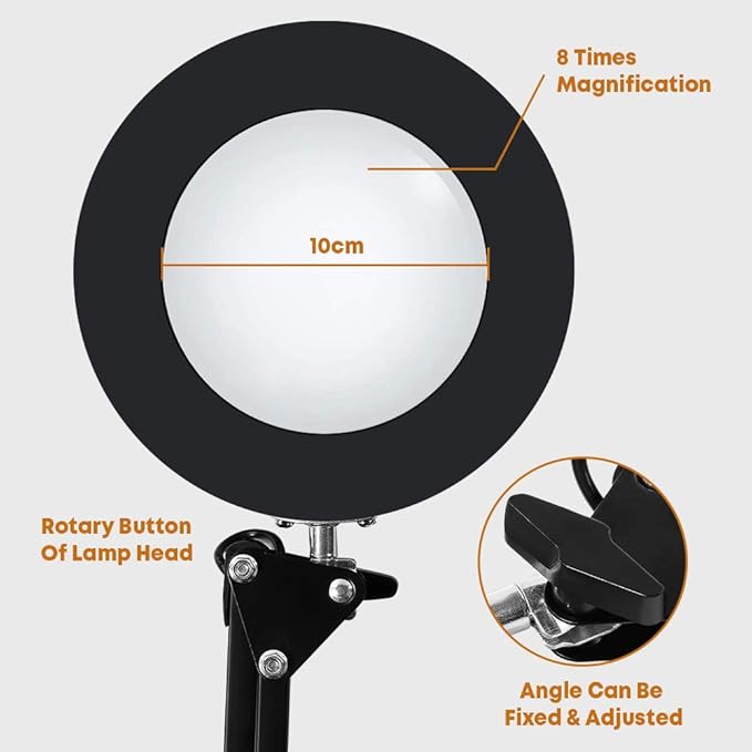 8X Magnifying Glass LED Light with Clamp, 12W Dimmable Magnifier Desk Lamp with 3 Light Colors 10 Brightness, 6.3″ Real Glass Lens, Adjustable Swivel Arm Magnifier Light for Reading Close Work Craft