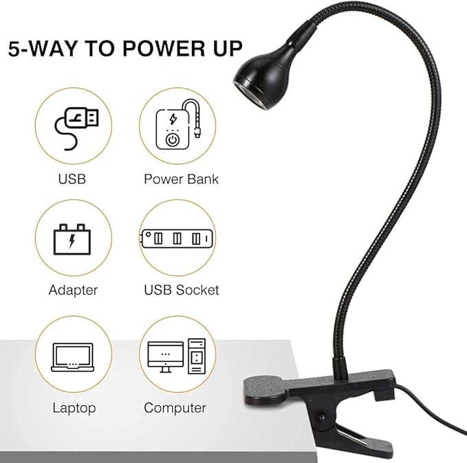 LED Desk Lamp, Ymiko USB Clip-on Reading Lights Eye Protection Book Clamp Light, 360 ° Flexible Gooseneck Clamp Lamp for Home Study Reading Kid's Room(Black)
