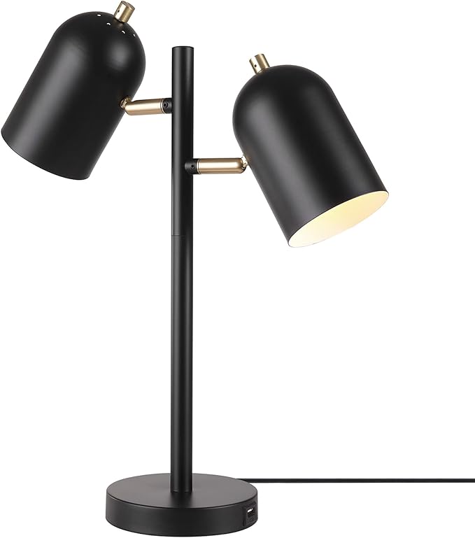 Globe Electric 52994 19" 2-Light Desk Lamp, Matte Black, Matte Brass Accents, 2.1A USB Port, On/Off Rotary Switch on Each Shade