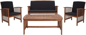 SAFAVIEH Outdoor Collection Rocklin Natural/ Black Cushion 4-Piece Conversation Patio Set