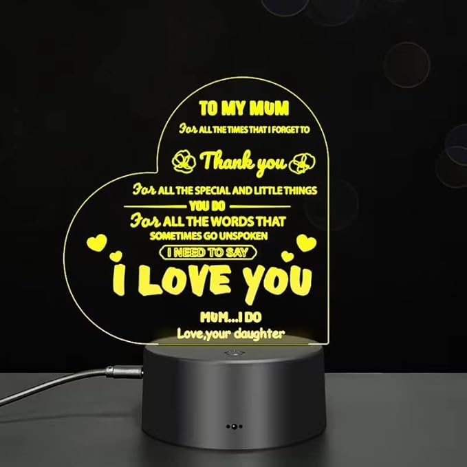to My Mom I Love You 3D Light Birthday Gift, 7-Color USB Charging Bedside Decoration, I Love You Mother's Day Gift, New Love Heart Birthday Gifts for Mother