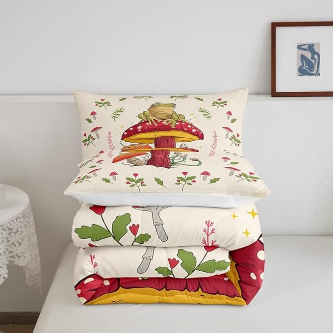 Feelyou Frog Print Bedding Set Kids Kawaii Decor Comforter Set Frog Mushrooms Comforter for Room Decor Botanica Cute Mushroom Decor Beige Red Duvet Set King Size 3Pcs Quilt Boys