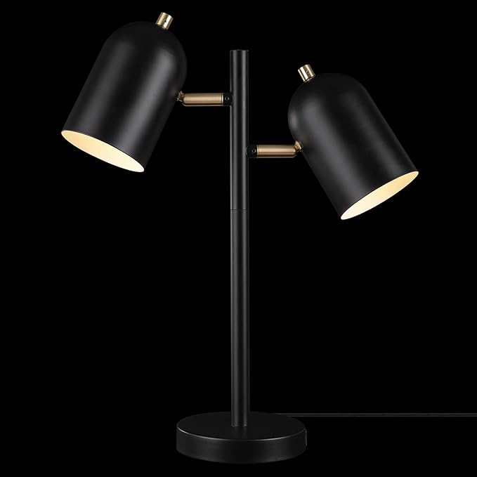 Globe Electric 52994 19" 2-Light Desk Lamp, Matte Black, Matte Brass Accents, 2.1A USB Port, On/Off Rotary Switch on Each Shade