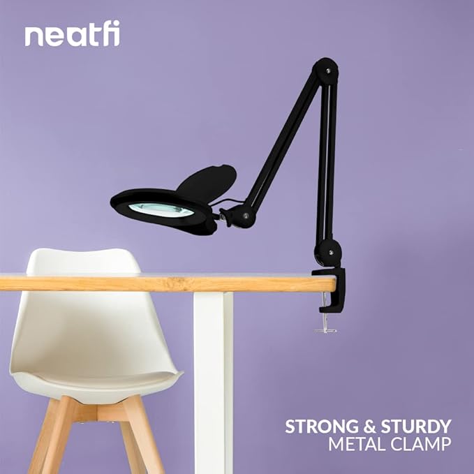 Neatfi (New Model) Bifocals 1,200 Lumens Super LED Magnifying Lamp with Clamp, 5D + 20D, Dimmable, 60 Pcs SMD LED, 5 Inches Diameter Lens, Adjustable Arm (5 Diopter + 20 Diopter, Black)