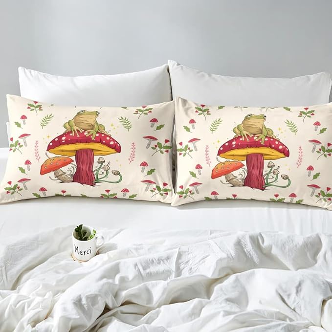 Feelyou Frog Print Bedding Set Kids Kawaii Decor Comforter Set Frog Mushrooms Comforter for Room Decor Botanica Cute Mushroom Decor Beige Red Duvet Set King Size 3Pcs Quilt Boys