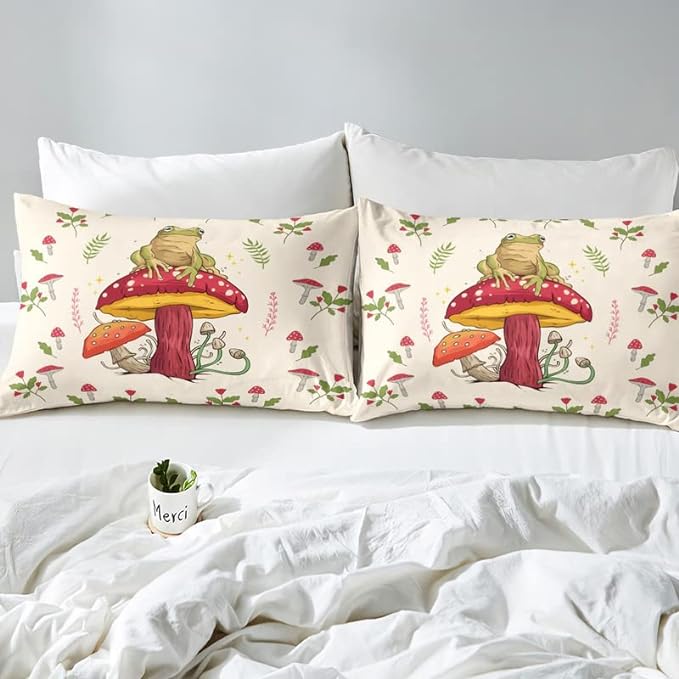 Feelyou Frog Print Bedding Set Kids Kawaii Decor Comforter Set Frog Mushrooms Comforter Cover Set for Room Decor Botanica Cute Mushroom Decor Beige Red Duvet Set Twin Size 2Pcs Quilt Set