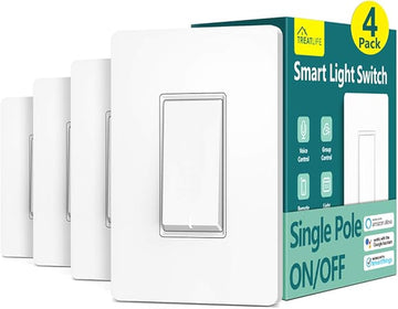 TREATLIFE Smart Light Switch Single Pole Works with Alexa, Google Home and SmartThings, 2.4GHz WiFi Timer Smart Switch, Neutral Wire Required, No Hub Required, FCC Listed, 4 Pack