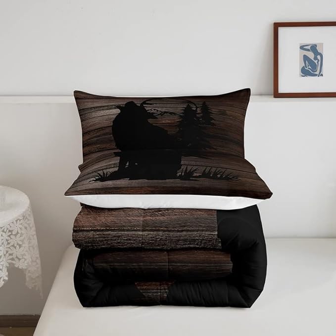 Cute Wolf Comforter Set for Girls Kids Wolves Howling Bedding Set Room DecorAnimal Wolves Tree Wood Grain Bedding Set Brown Black Duvet Set 2Pcs with 1 Pillow Case Twin Size Boys