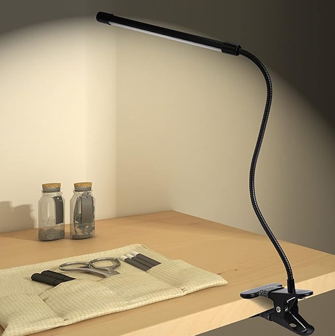 Meichoon Desk Lamp with Clamp Desktop Clip-On LED Illuminating Light Flexible Metal Hose Eye-Caring Table Lamp for Bedroom Bedside Office Study Work Reading Embroidery UK10 Black