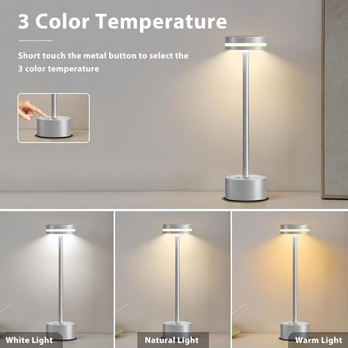 Cordless Metal Desk Lamp,Portable LED Table Lamp with Touch Sensor,3 Color Rechargeable Lamp,3-Levels Brightness Lamp,Night Light for Kids Nursery,Bedside Lamp,Dining Room Lamp (Silver)