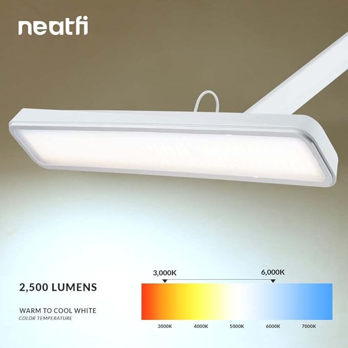 Neatfi (New Model XL 2,500 Lumens LED Task Lamp, 3 Light Modes, 3000-6000K Correlated Color Temperature, 30W Super Bright Desk Lamp, Dimmable, 162 Pcs SMD LED (CCT with Base, White)