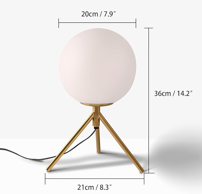 Mid century modern desk lamp with a golden base and white glass ball lampshade, suitable for 3 tone lighting in bedside bedrooms, living rooms, offices, libraries, and study rooms