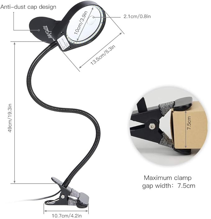 Tom-shine Magnifying Glass Lamp 3X 10X,Stepless Dimmable LED Magnifying Lamp with Dust Cover Metal Clamp,Adjustable LED Magnifier with Light and Stand for Crafts Reading Workbench Close Work