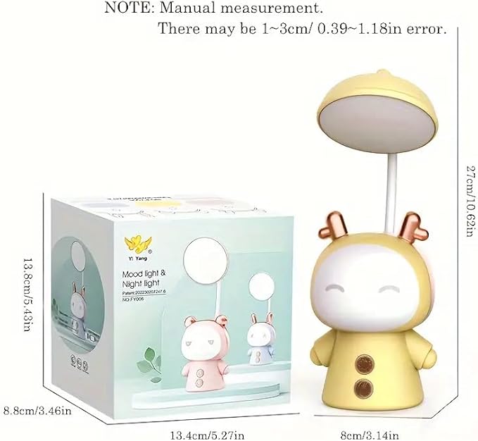 Cute Cartoon Kids Desk Lamp with Night Light - 360° Goose Neck LED Flexible Reading Light for Bedroom - Children Bedside Study Table Lamp (Yellow Fawn)