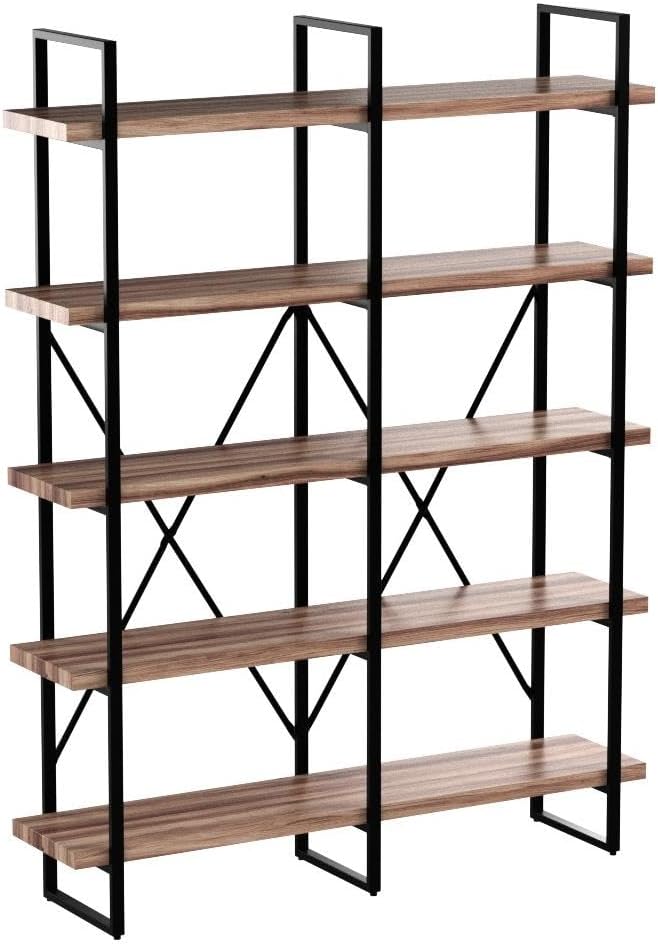 IRONCK Bookshelf, Double Wide 5-Tier Open Bookcase Vintage Industrial Large Shelves, Wood and Metal Etagere Bookshelves, for Home Decor Display, Office Furniture, 13D x 53.1W x 70H in