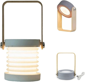 4-in-1 Foldable Table Lamp,USB Retractable LED Light,Wooden Handle Portable Lantern Light and Flashlight,Touch Control Dimmable 3 Level Brightness Night Light for Reading, Outdoor Camping (Grey)