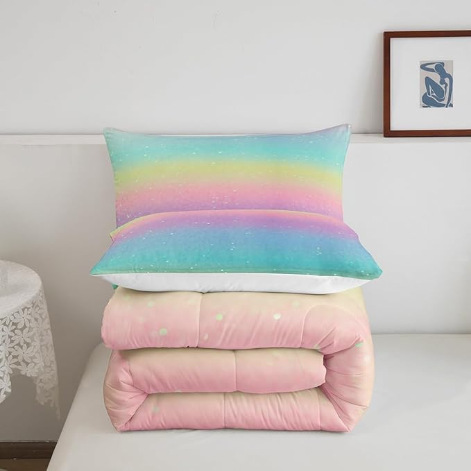 Rainbow Comforter Set Tie Dye Pastel Twin Beddings for Girls Galaxy Glitter Bedding Comforter Sets for Boys Kids Women Bedroom Decor, Girly Gradient Star Sky Ombre Duvet Insert, Pink Blue Yellow