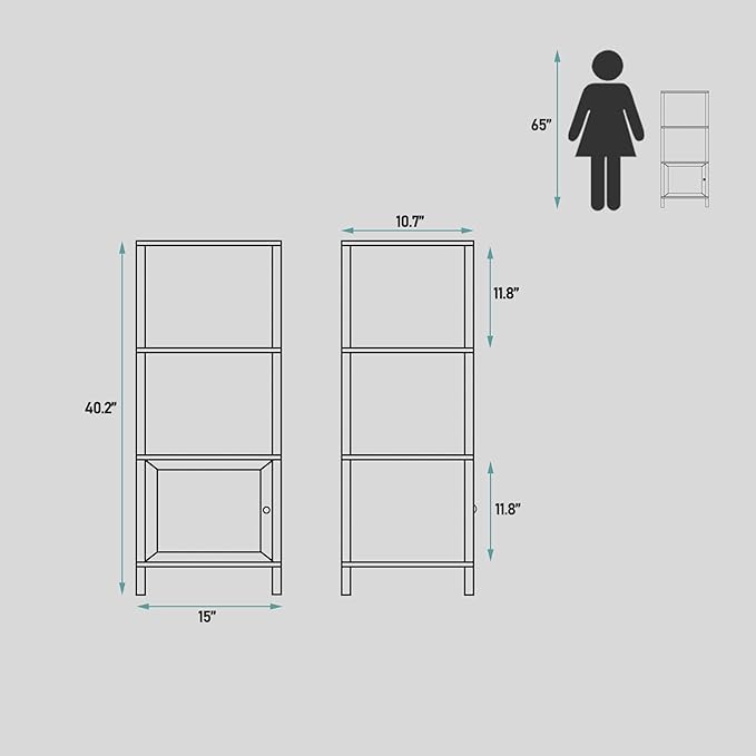 TUTOTAK 4 Tier Bookcase and Bookshelf, Narrow Book shelf with Door for Small Space, for Living Room, Office, Study, Entryway, Brown BS03BB004
