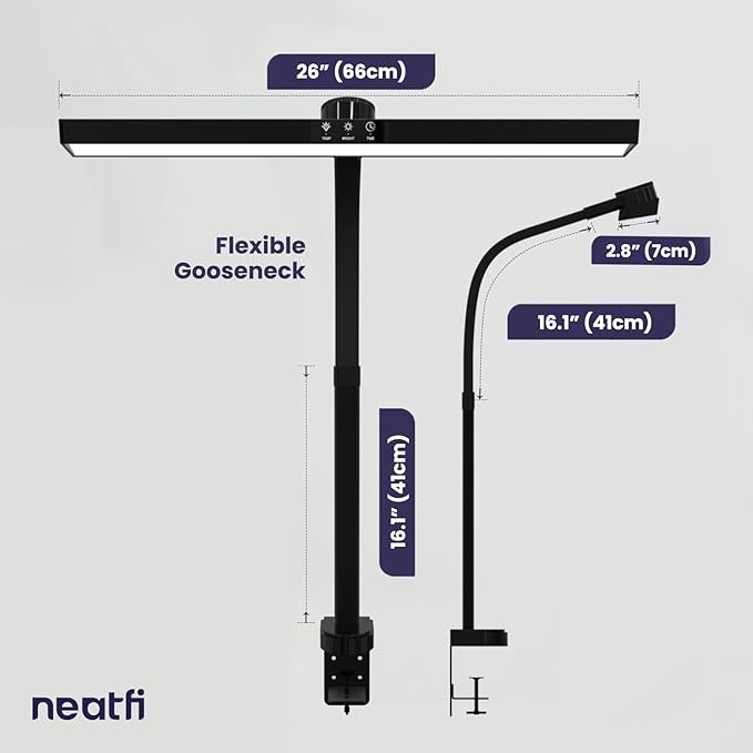 Neatfi LED Desk Lamp with 6-Level Brightness, Adjustable 2700~6500K Color Temperature, 14” Wide, Timer & Charging Port - Touch & Knob Control, 800 Lumens, Dimmable LED Table Light, 24W, CRI 85 (Black)