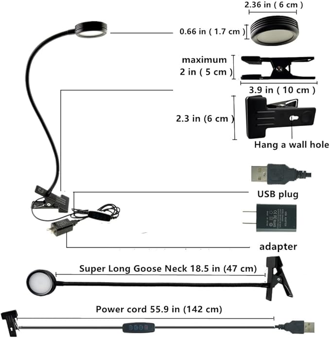 2 Pack Clamp Gooseneck LED Desk Lamp, Clip on Bendable Steel Light, C-clamp Sewing Machine Table Mount, 360degree flexible neck 3 colors 10 Level Brightness (Clamp)