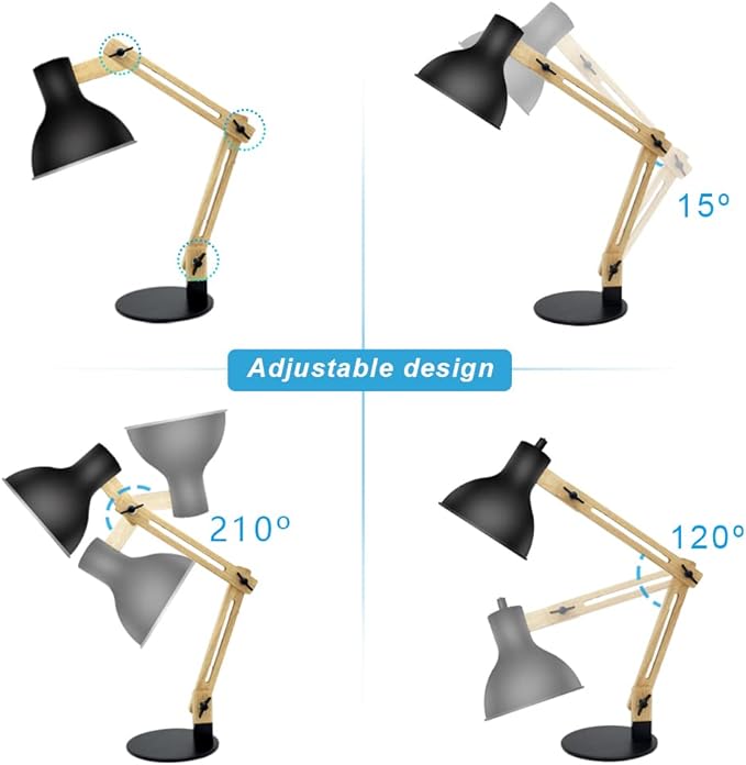 DLLT Swing Arm Desk Lamp, Wood Adjustable Gooseneck Table Lamp, Modern Architect Desk Light, Reading Light for Work, Study, Bedroom, Home Office, College Dorm, Black Metal Shade, E26 Bulb Included