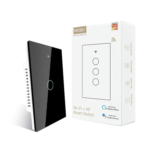 MOES 2.4GHz WiFi Wall Touch Smart Switch Neutral Wire Required, 3 Way Multi-Control, Glass Panel Light Switch Work with Smart Life/Tuya App, RF433 Remote Control, Alexa and Google Home Black 1 Gang