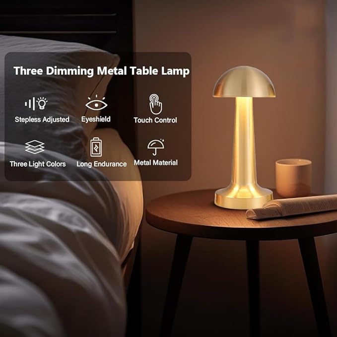 Portable LED Table Lamp, 3-Levels Brightness Metal Desk Lamp, 3 Color Touch Control Rechargeable Lamp, Night Light, Bedside Lamp,Dining Room Lamp (Gold)