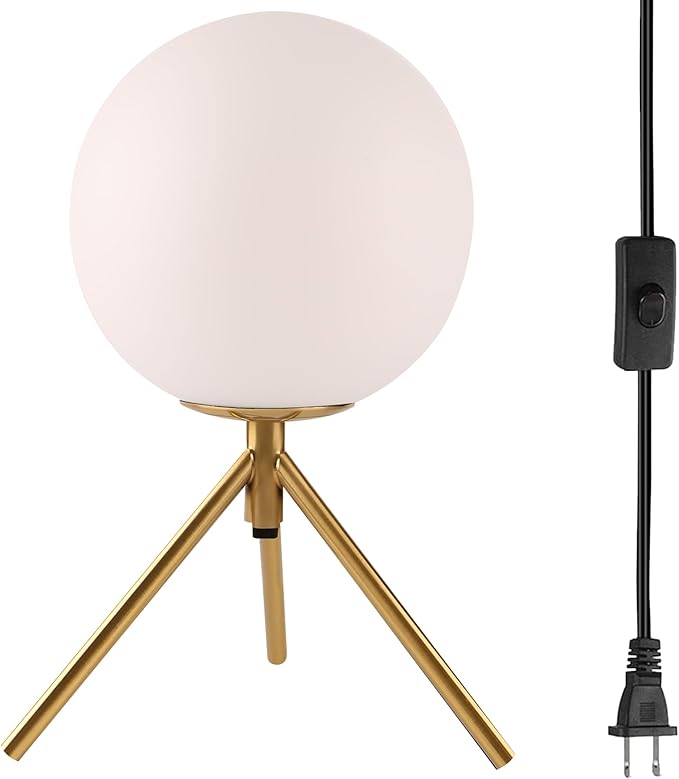 Mid century modern desk lamp with a golden base and white glass ball lampshade, suitable for 3 tone lighting in bedside bedrooms, living rooms, offices, libraries, and study rooms