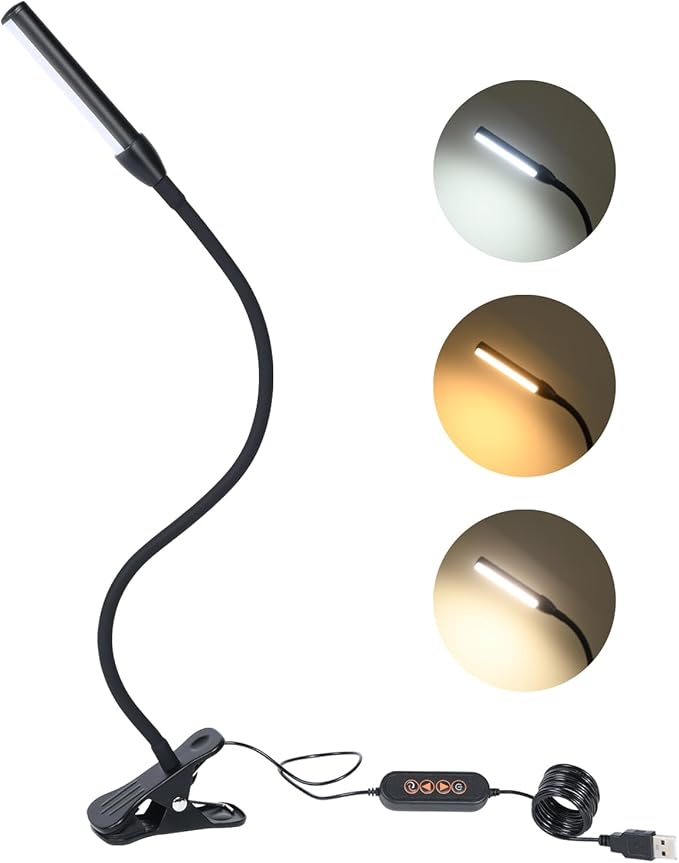 Clip on Reading Light, Clip Light, Warm & Daylight & White Light 3 Colors, Eye-Care Clamp Lamp with 10 Dimmable Illumination Modes