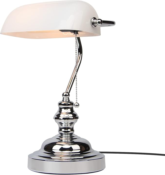 FIRVRE Bankers Lamp White Shade, Bankers Desk Lamp Library Lamp with Pull Chain, Vintage Desk Lamp for Office, Study Room