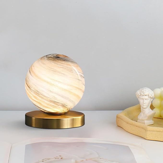 Bedside Table Lamp Gold Desk Lamp Reading Lamp with Handblown Glass Globe Shade, Plug in Table Desk Lamp for Bedroom Office Library Study Room (Moon Shade)
