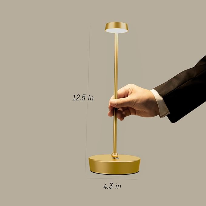 Cordless Battery Powered Table Lamp, Rechargeable LED Dimmable Brightness Metal 6000mAh Touch Desk Lamp Portable Modern Design for Restaurant Indoor & Outdoor (Gold)