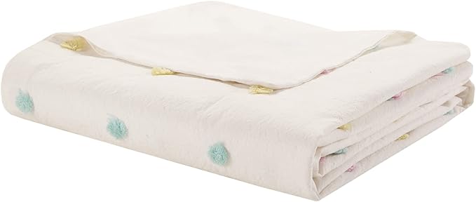 Duvet Cotton Jacquard Weave Colorful Poms Accent, Shabby Chic Cover for Comforter Cozy Bedding Set, Matching Shams, Decorative Pillows, Full/Queen, Multi, Twin/Twin XL, 4 Piece