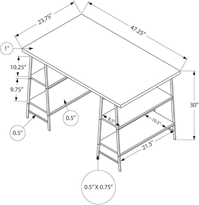 Monarch Specialties 7521 Computer Desk, Home Office, Laptop, Storage Shelves, 48" L, Work, Metal, Laminate, White, Contemporary, Modern Desk-48, 47.25" L x 23.75" W x 30" H