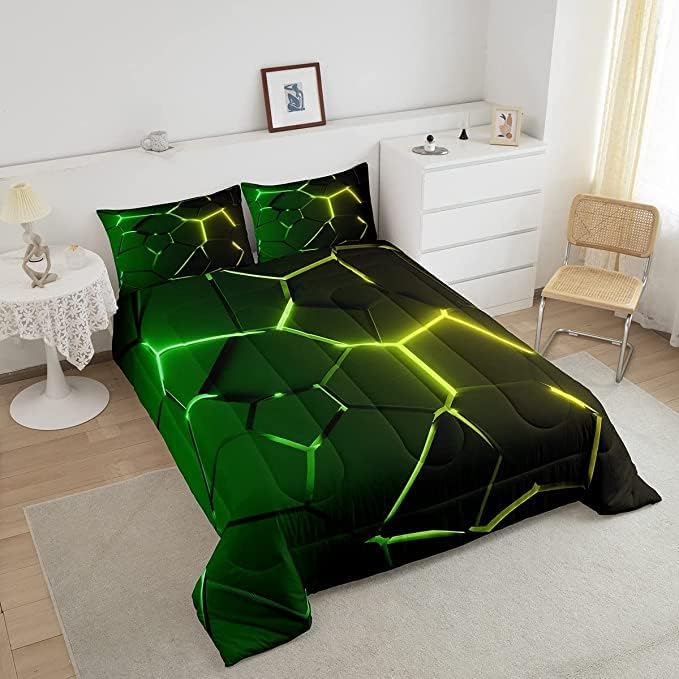 Honeycomb Comforter Green Yellow Hexagonal Print Bedding Set for Kids Boys Girls Children Beehive Geometrical Comforter Set Ultra Soft Decor Reticulated Duvet Set King Size