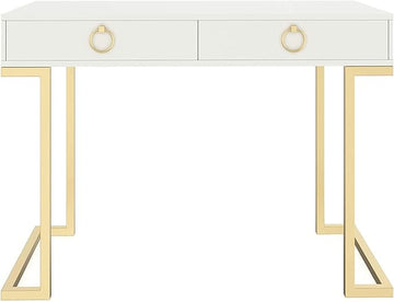 Nathan James Leighton Two-Drawer Writing Glam Accents Brass, Home Office Computer Desk or Vanity Table, 2, White/Gold, Small