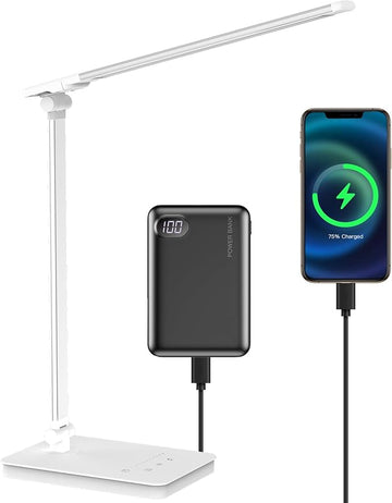 Desk Lamp Eye-Caring LED Table Lamp Dimmable Bedside Lamp with 2 USB Charging Ports and 10 Brightness Levels x 5 Colour Modes Touch Control Daylight Lamp for Office, Bedside, Reading- Auto Timer