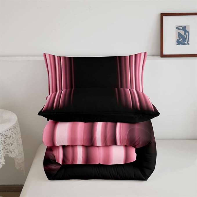 Feelyou Abstract Ombre Comforter Set Kids Teens Pink Black Bedding Set Room Decor 3Pcs King Size,Reversible Black Boys