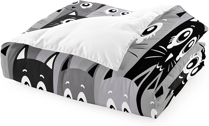 Cartoon Cat Bedding Set - 3Pcs Cute Cat Comforter Set for Bedroom Kids Boys Girls Cat Bedding Decor for All-Season Kawaii Kitten Pattern Lovely Animal 1 Cat Comforter with 2 Pillowcases, Full Size
