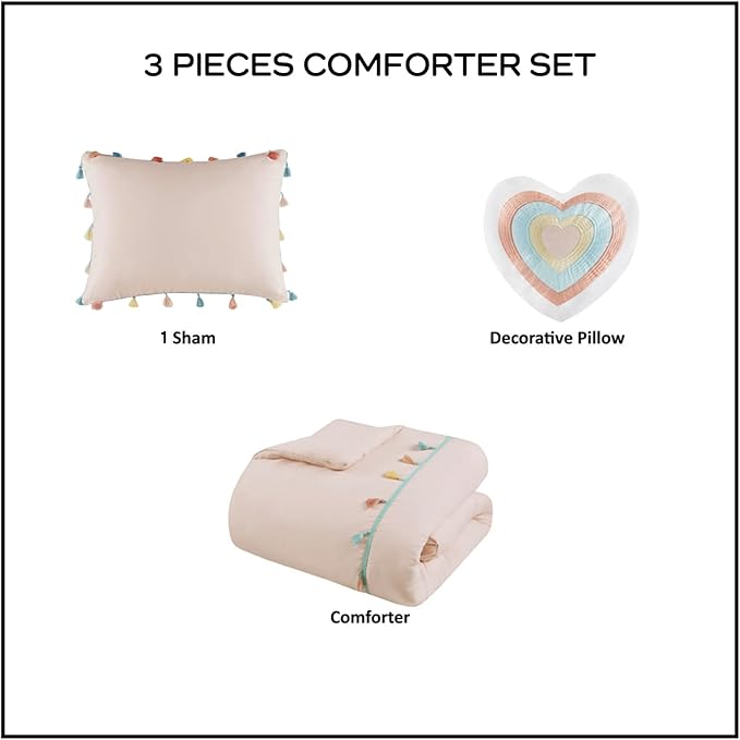 Mi Zone Kids Twin Comforter Set for Girls, Pink Comforter SetTwin Comforter Set, Tessa Adorable Twin Bedding Sets for Girls, Fun Pom Pom Tassel, Sham, Boho Heart Throw Pillow, Twin, Blush 3 Piece